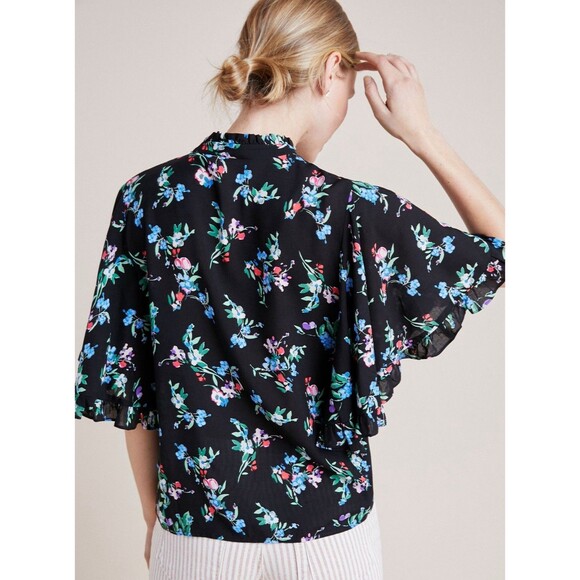 Anthropologie Maeve Aveiro Flutter Sleeve Button Down Blouse Small Black Motif - Picture 2 of 7